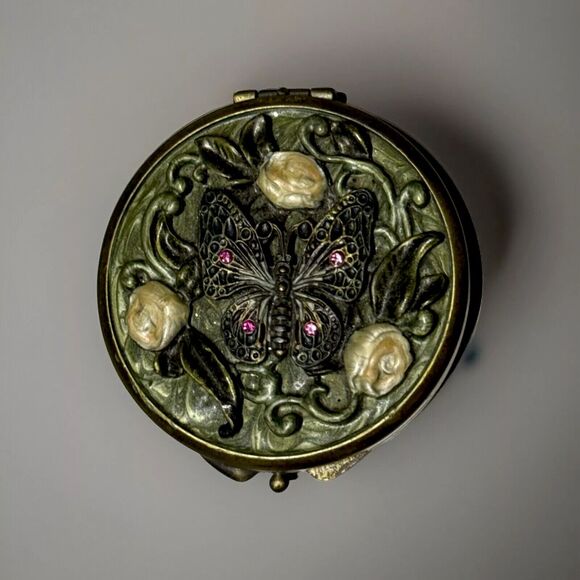 Butterfly Sea Shell Flower Raised Relief Rhinestone Compact Mirror Bronze Vtg - Picture 1 of 6